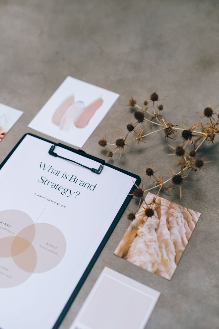 Elegant flat lay of branding strategy documents with a natural twig accent.